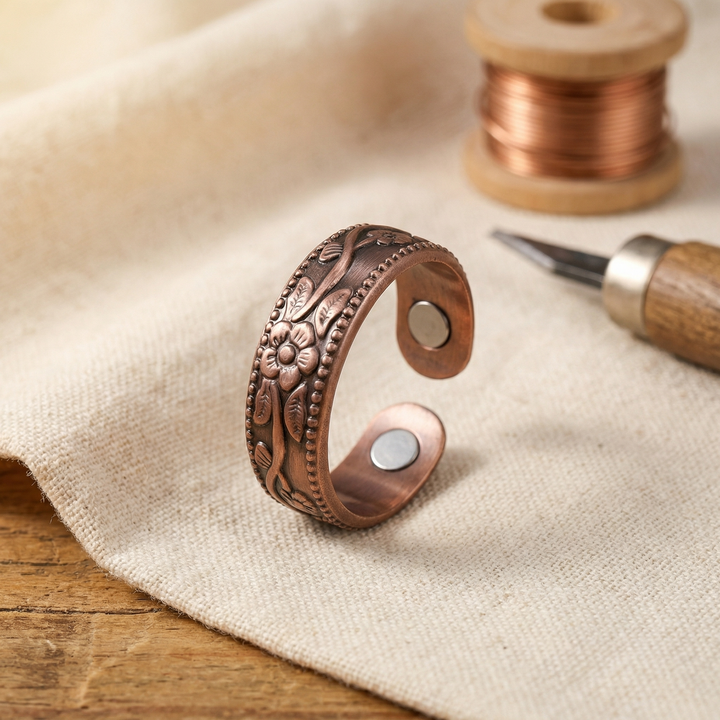 Elena | Hand-Engraved Copper Flower Ring with Beaded Trim