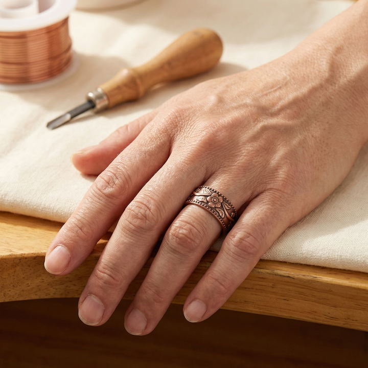Elena | Hand-Engraved Copper Flower Ring with Beaded Trim