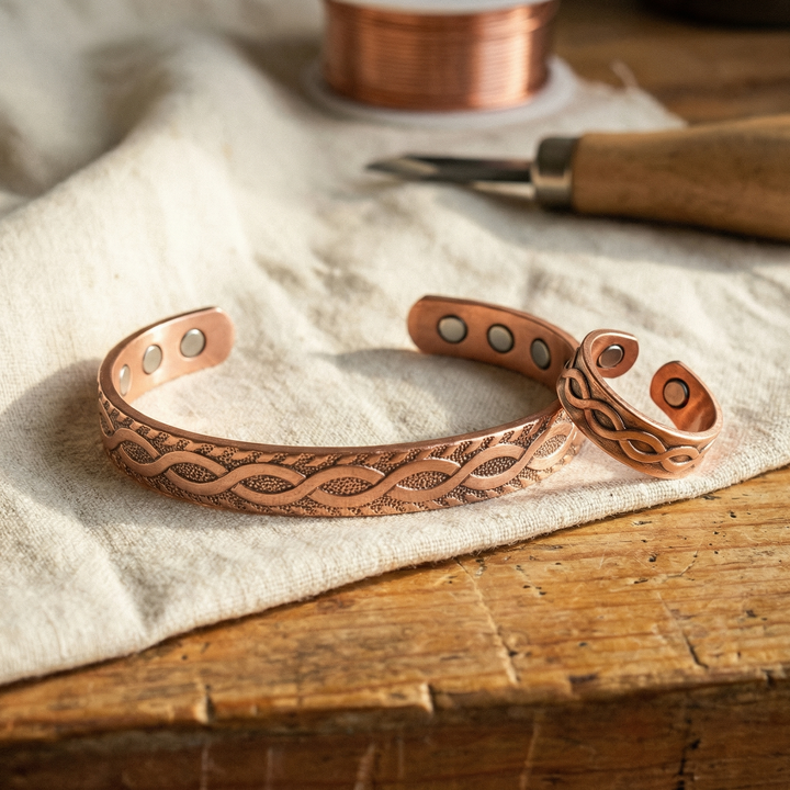 Talia | Engraved Knot-Pattern Copper Ring and Bracelet Set