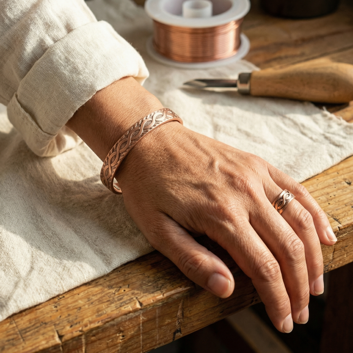 Talia | Engraved Knot-Pattern Copper Ring and Bracelet Set