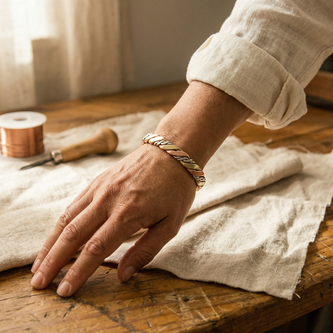 Eleanor | Tri-Tone Braided Copper Cuff Bracelet
