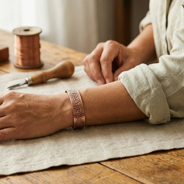 Penelope | Engraved Gothic-Script Copper Cuff Bracelet with Magnets