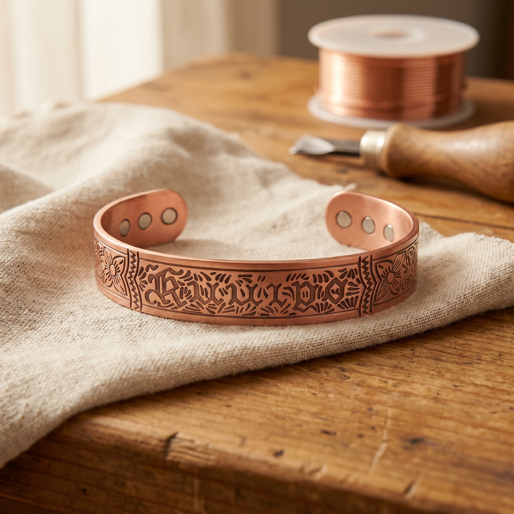 Penelope | Engraved Gothic-Script Copper Cuff Bracelet with Magnets