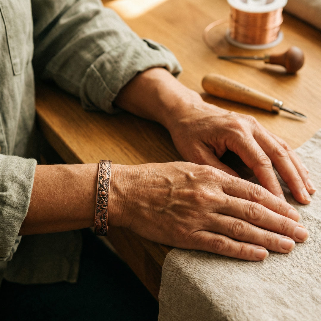 Rowan | Embossed Dragon-Motif Magnetic Copper Cuff Bracelet