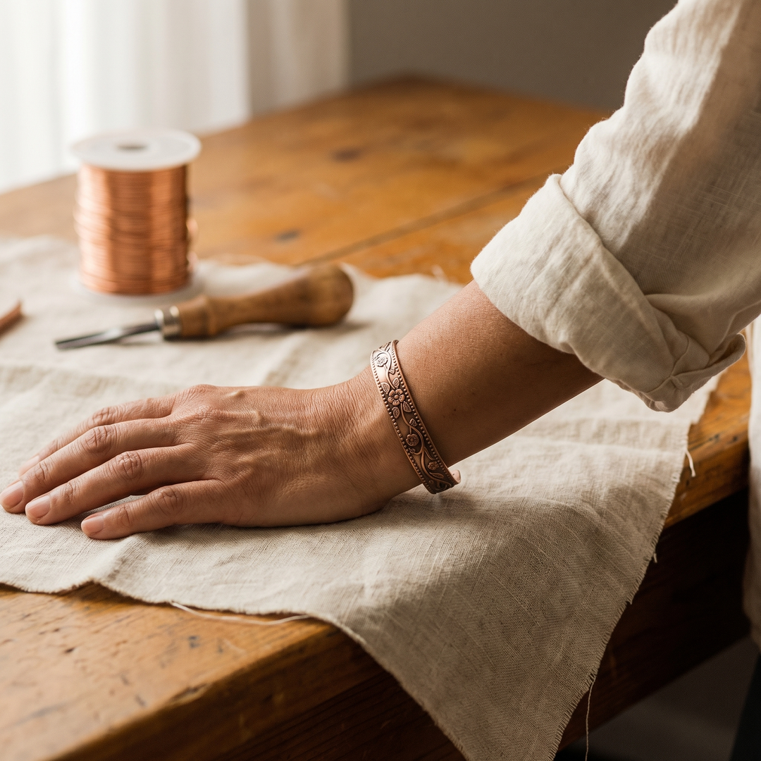 Dahlia | Engraved Floral Magnetic Copper Cuff Bracelet
