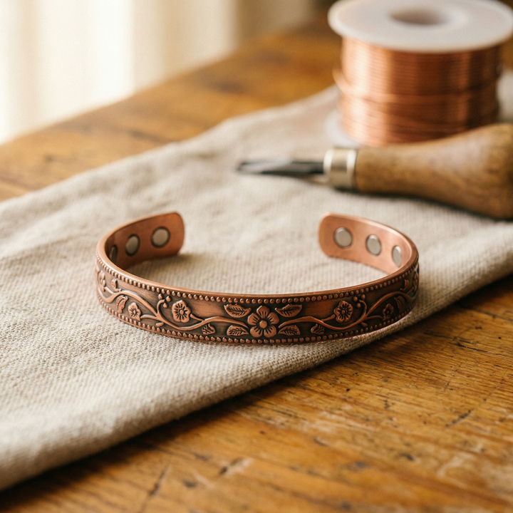 Dahlia | Engraved Floral Magnetic Copper Cuff Bracelet