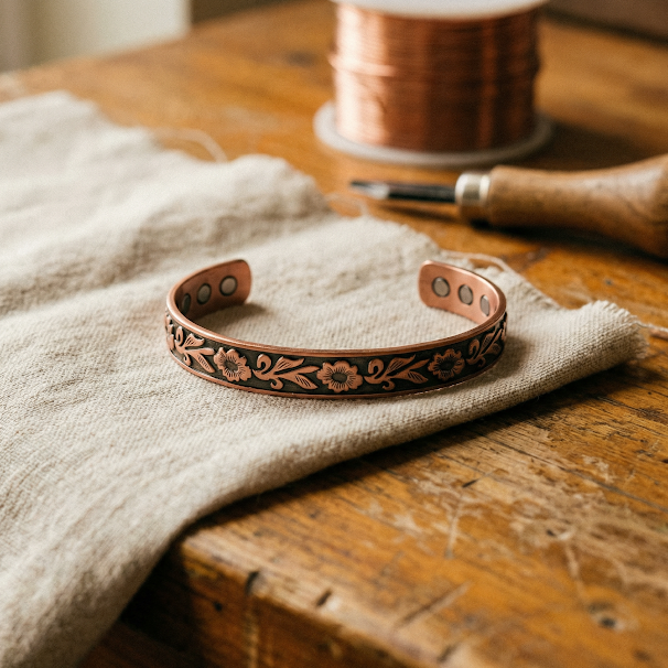 Eliza | Hand-Engraved Vine Magnetic Copper Cuff Bracelet