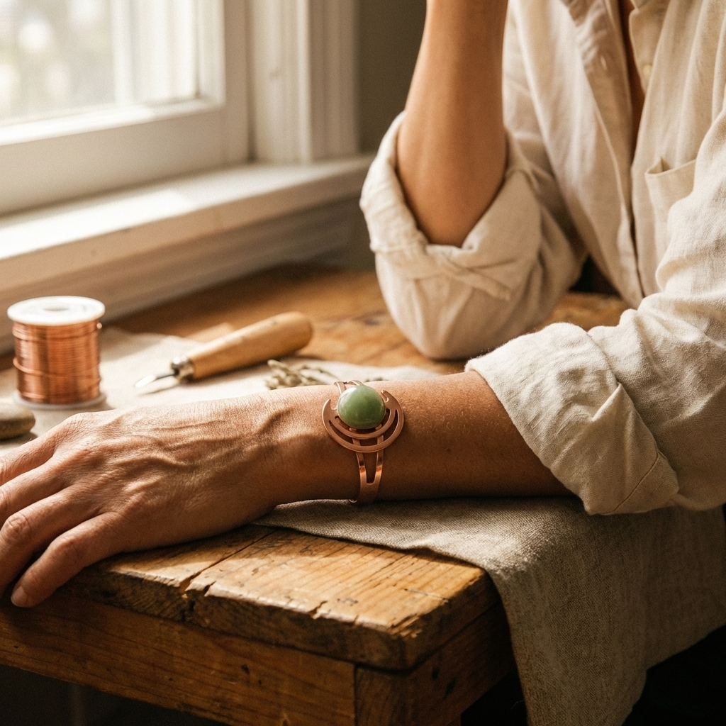 Josephine | Green Stone Copper Orbital Cuff Bracelet