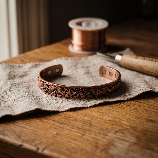 Rowan | Embossed Dragon-Motif Magnetic Copper Cuff Bracelet