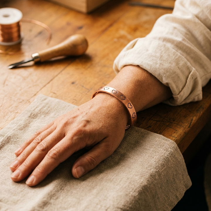 Amara | Heart-Stamped Copper Cuff Bracelet