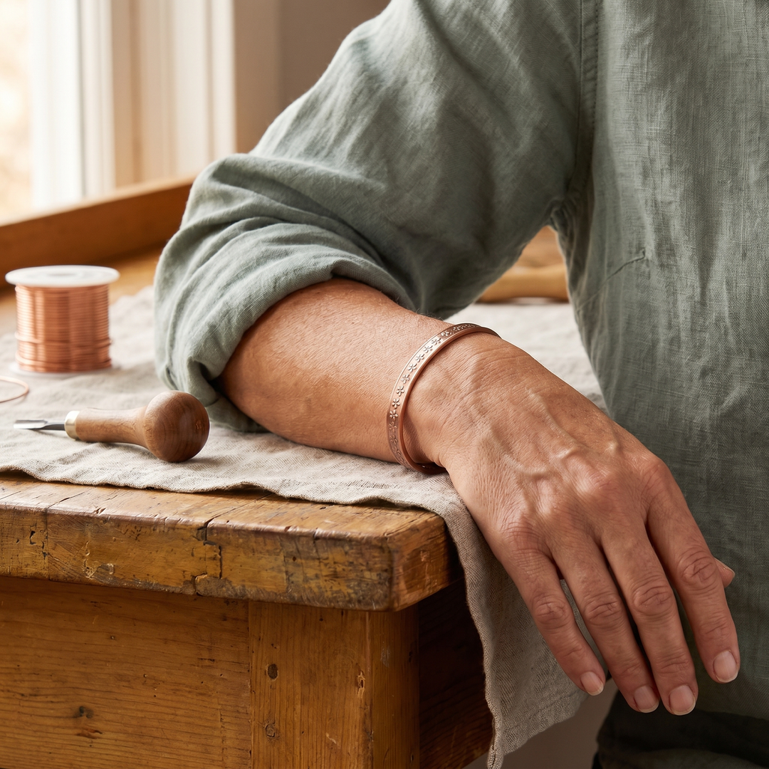 Giselle | Hand-Stamped Floral Copper Cuff Bracelet