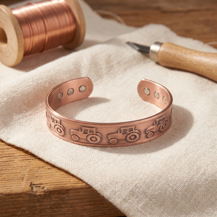 Nadia | Hand-Stamped Tractor-Motif Copper Cuff Bracelet
