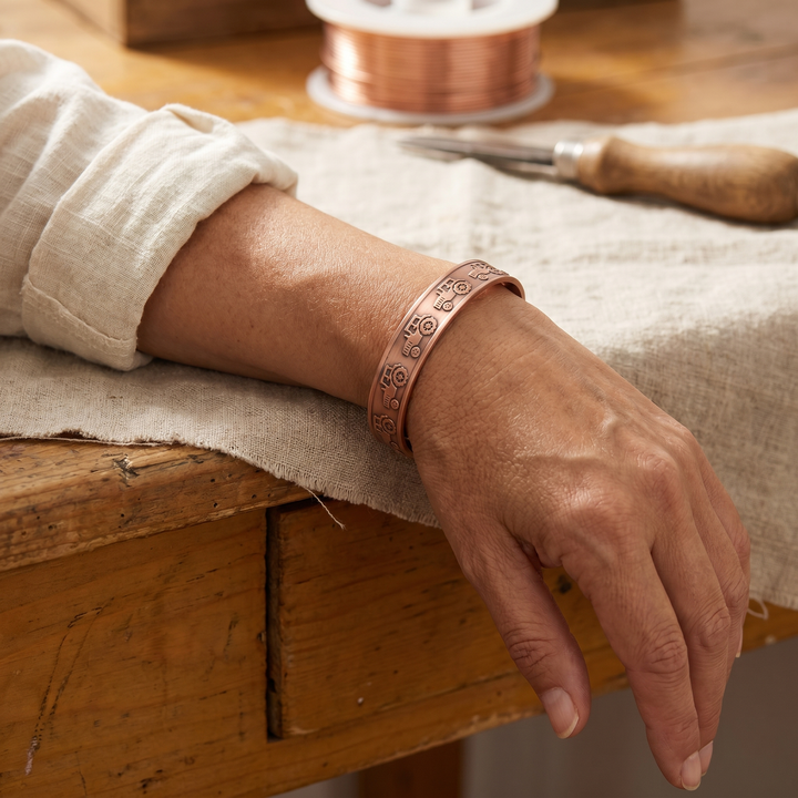 Nadia | Hand-Stamped Tractor-Motif Copper Cuff Bracelet