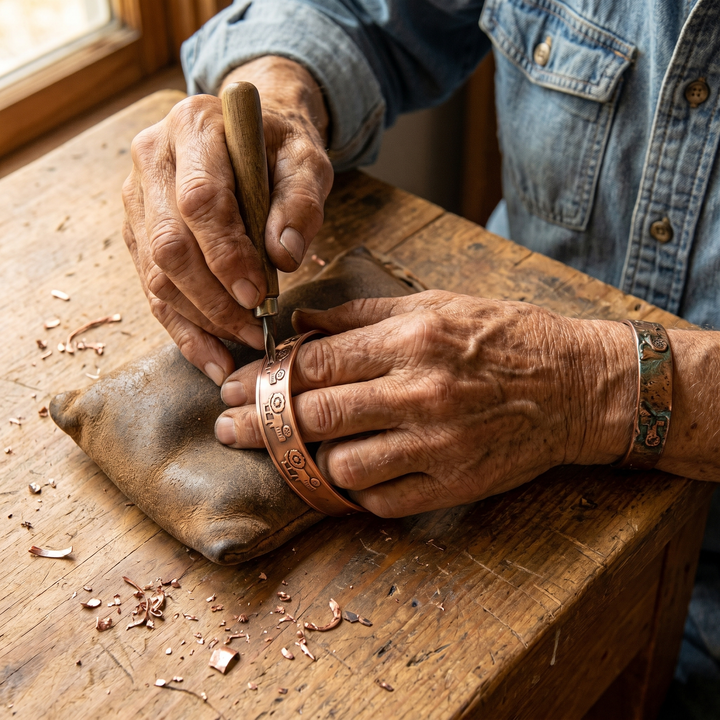 Nadia | Hand-Stamped Tractor-Motif Copper Cuff Bracelet