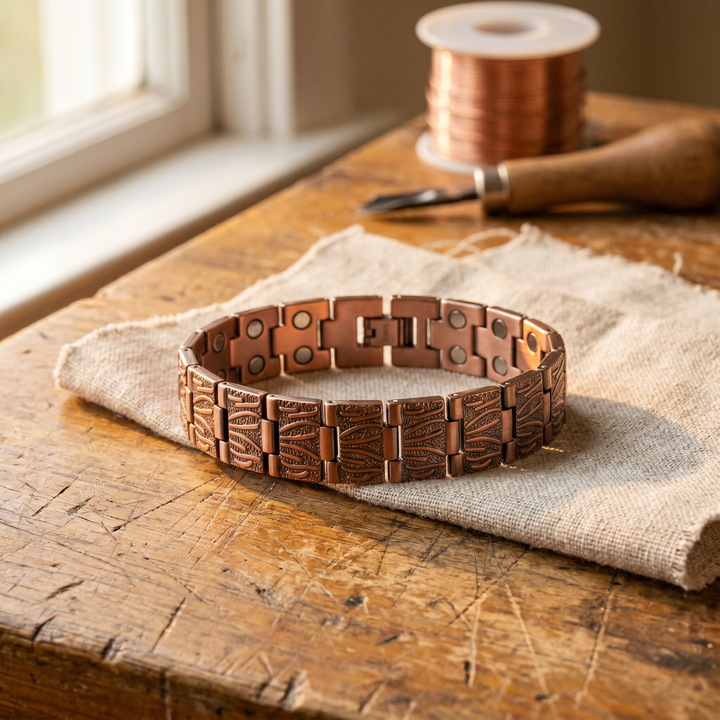 Portia | Embossed Feather-Pattern Copper Cuff Bracelet