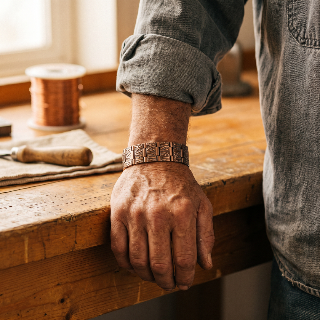 Portia | Embossed Feather-Pattern Copper Cuff Bracelet