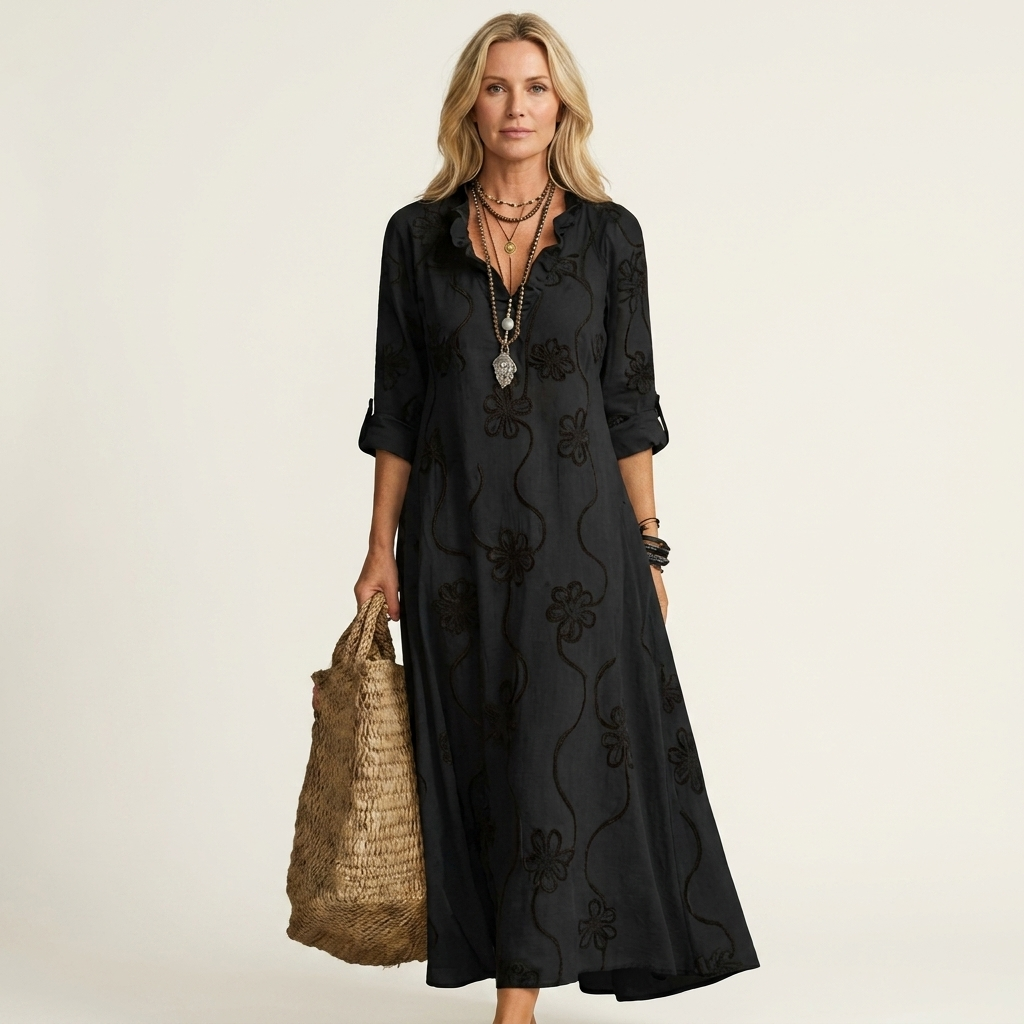 Mariam | Linen Maxi Dress with Tonal Floral Embroidery