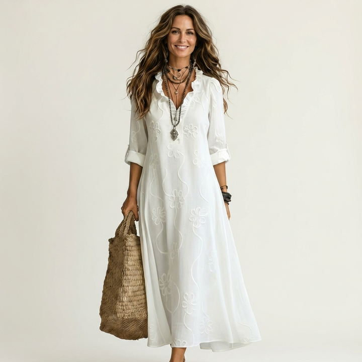 Mariam | Linen Maxi Dress with Tonal Floral Embroidery