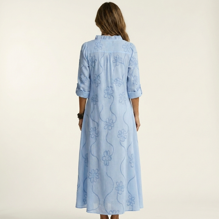 Mariam | Linen Maxi Dress with Tonal Floral Embroidery