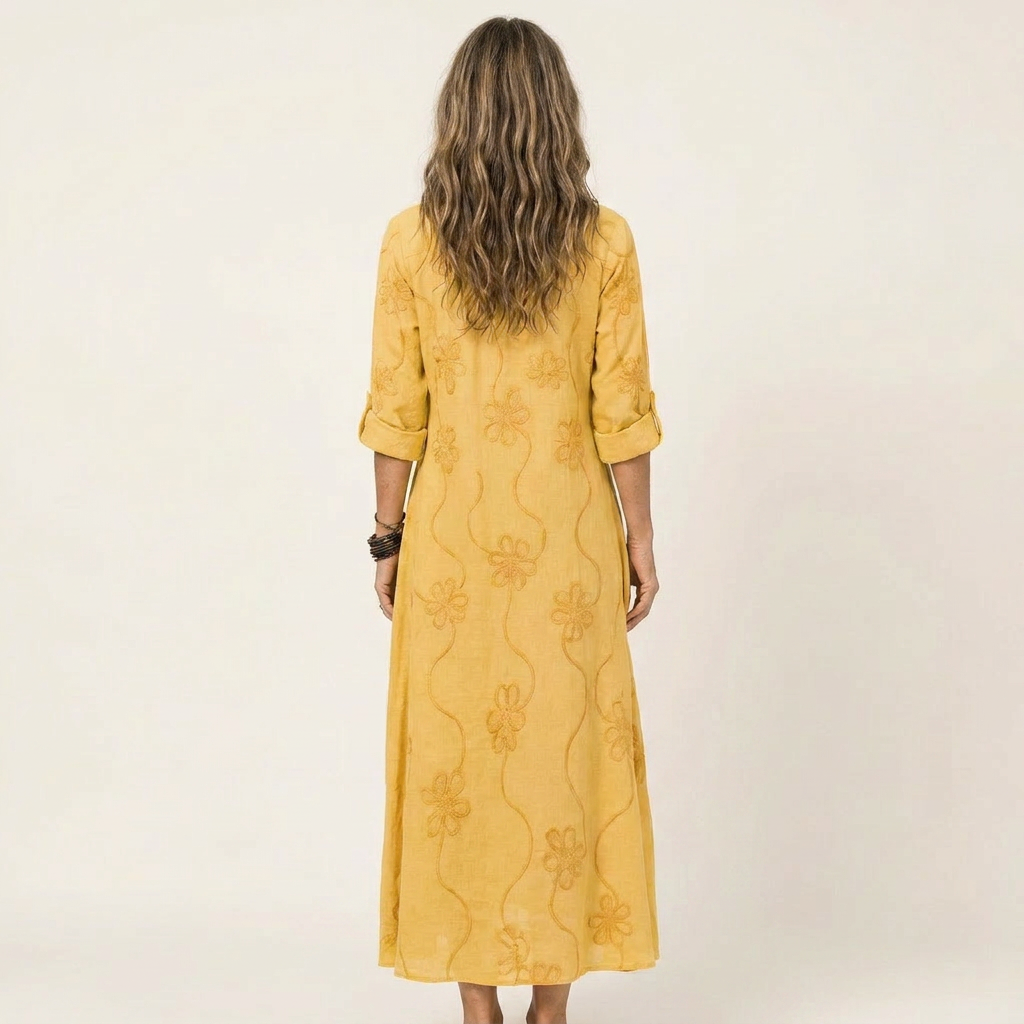 Mariam | Linen Maxi Dress with Tonal Floral Embroidery