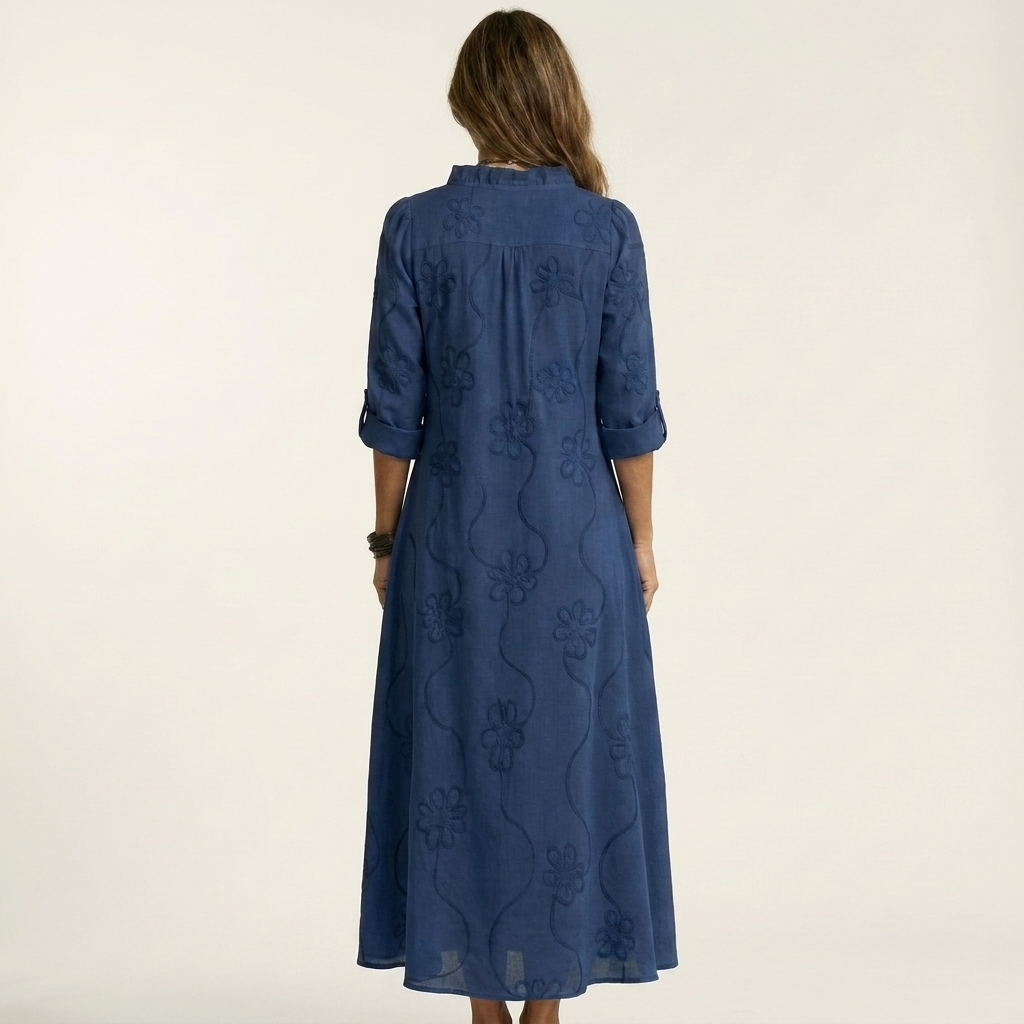 Mariam | Linen Maxi Dress with Tonal Floral Embroidery