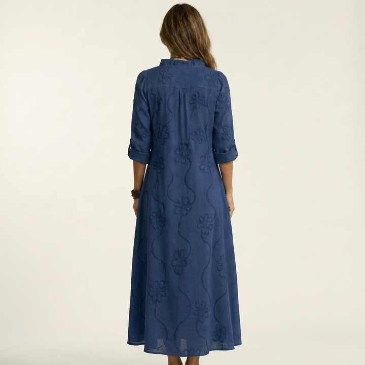 Mariam | Linen Maxi Dress with Tonal Floral Embroidery