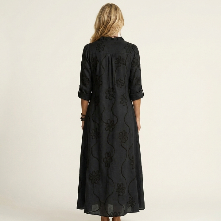 Mariam | Linen Maxi Dress with Tonal Floral Embroidery