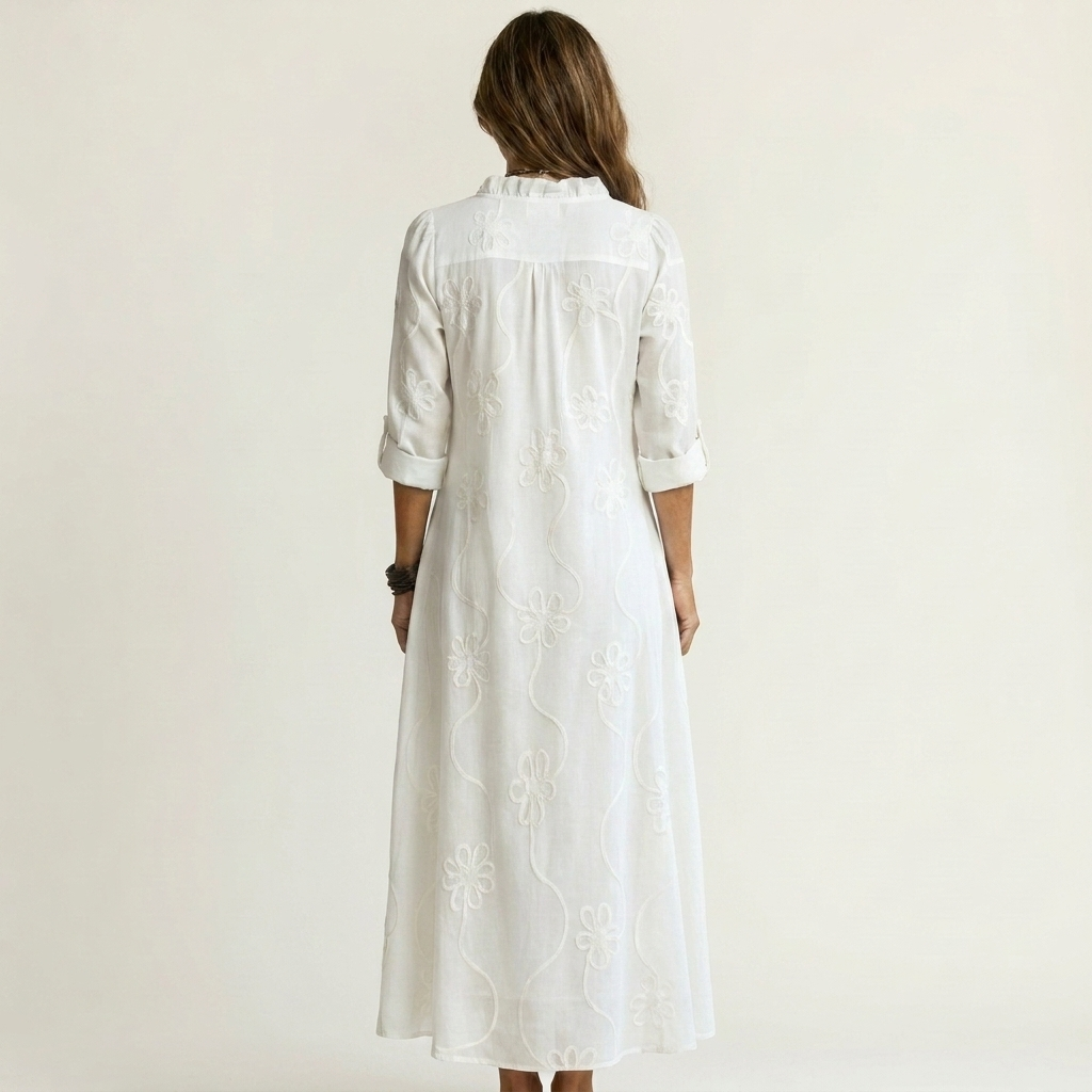 Mariam | Linen Maxi Dress with Tonal Floral Embroidery