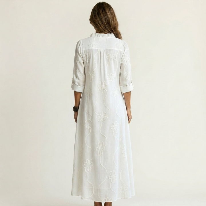 Mariam | Linen Maxi Dress with Tonal Floral Embroidery
