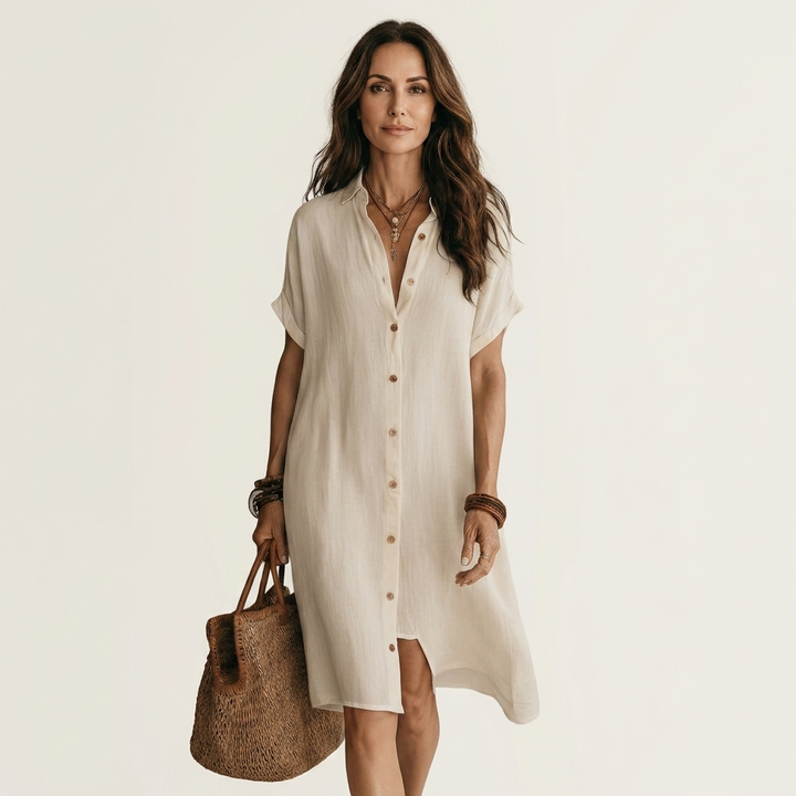 Nidalie | Linen Midi Shirt Dress with Rolled Cuffs