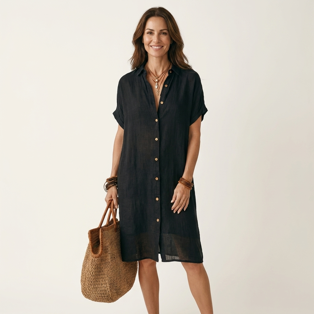 Nidalie | Linen Midi Shirt Dress with Rolled Cuffs