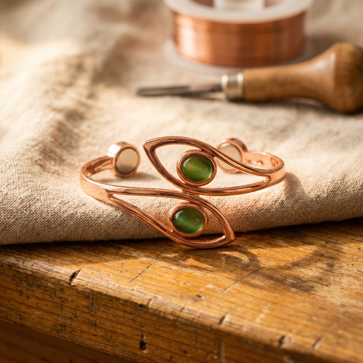 Kira | Green Stone Copper Wire Cuff Bracelet