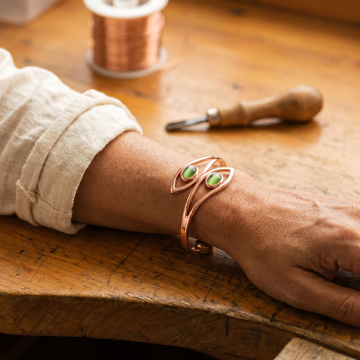 Kira | Green Stone Copper Wire Cuff Bracelet