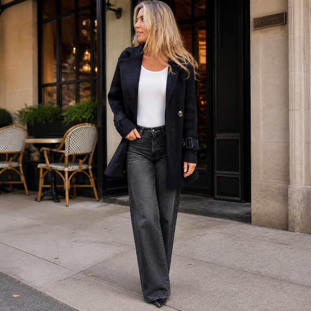 Isola Knit Sleeve Double-Breasted Coat - black - lifestyle view 2