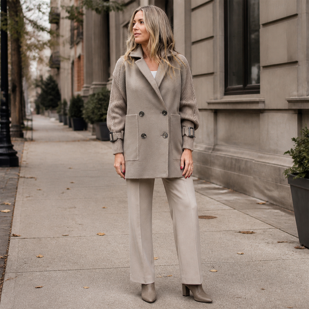Isola Knit Sleeve Double-Breasted Coat - gray-green - lifestyle view 1