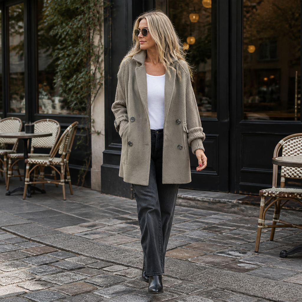 Isola Knit Sleeve Double-Breasted Coat - gray-green - lifestyle view 2