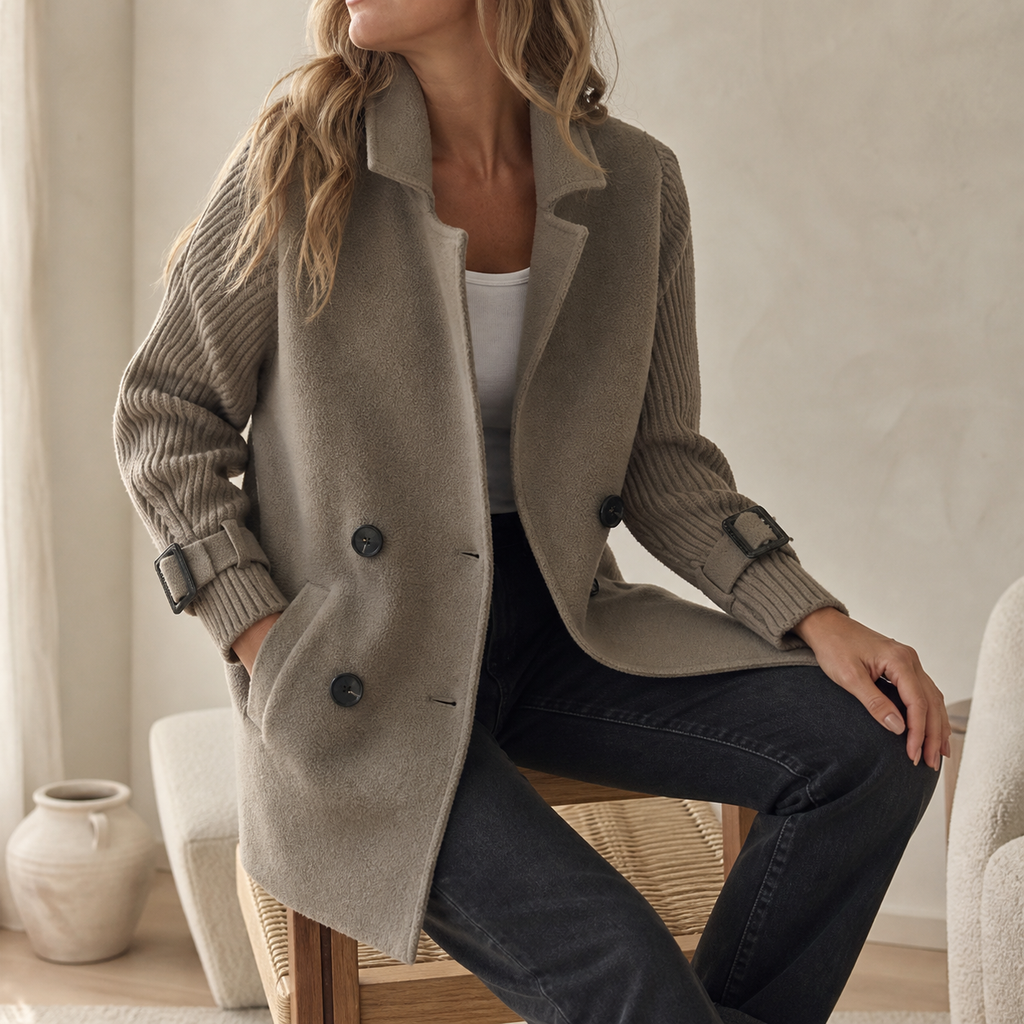 Isola Knit Sleeve Double-Breasted Coat - gray-green - lifestyle view 3