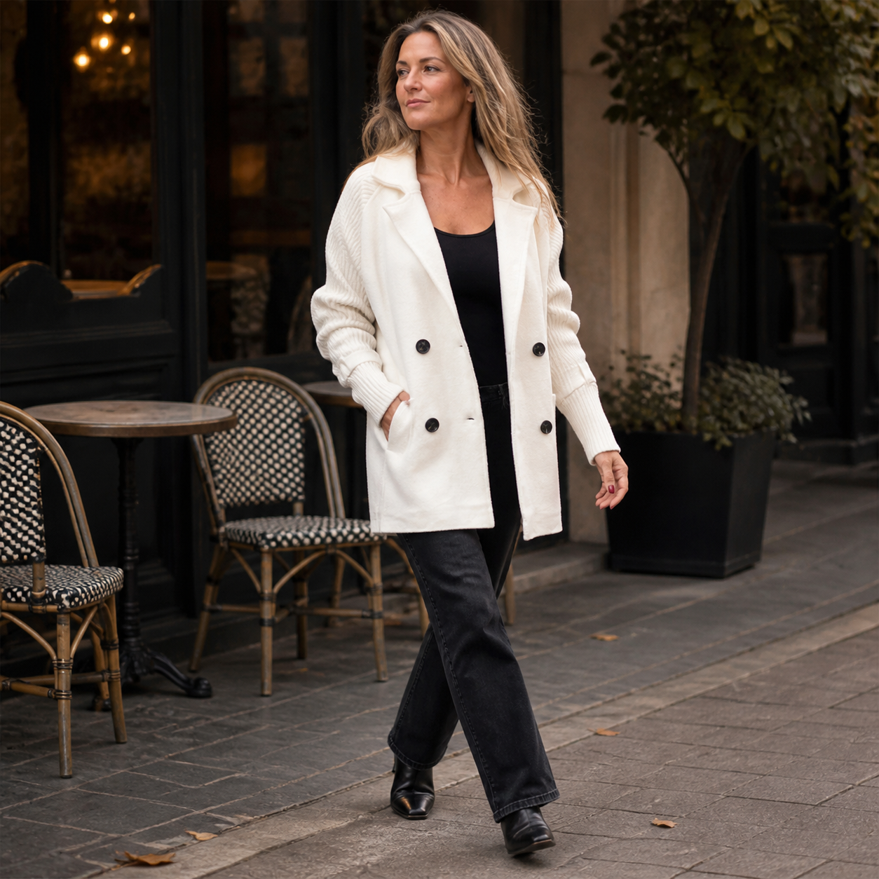Isola Knit Sleeve Double-Breasted Coat - white - lifestyle view 2
