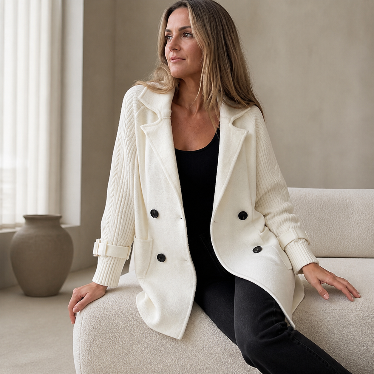 Isola Knit Sleeve Double-Breasted Coat - white - lifestyle view 3