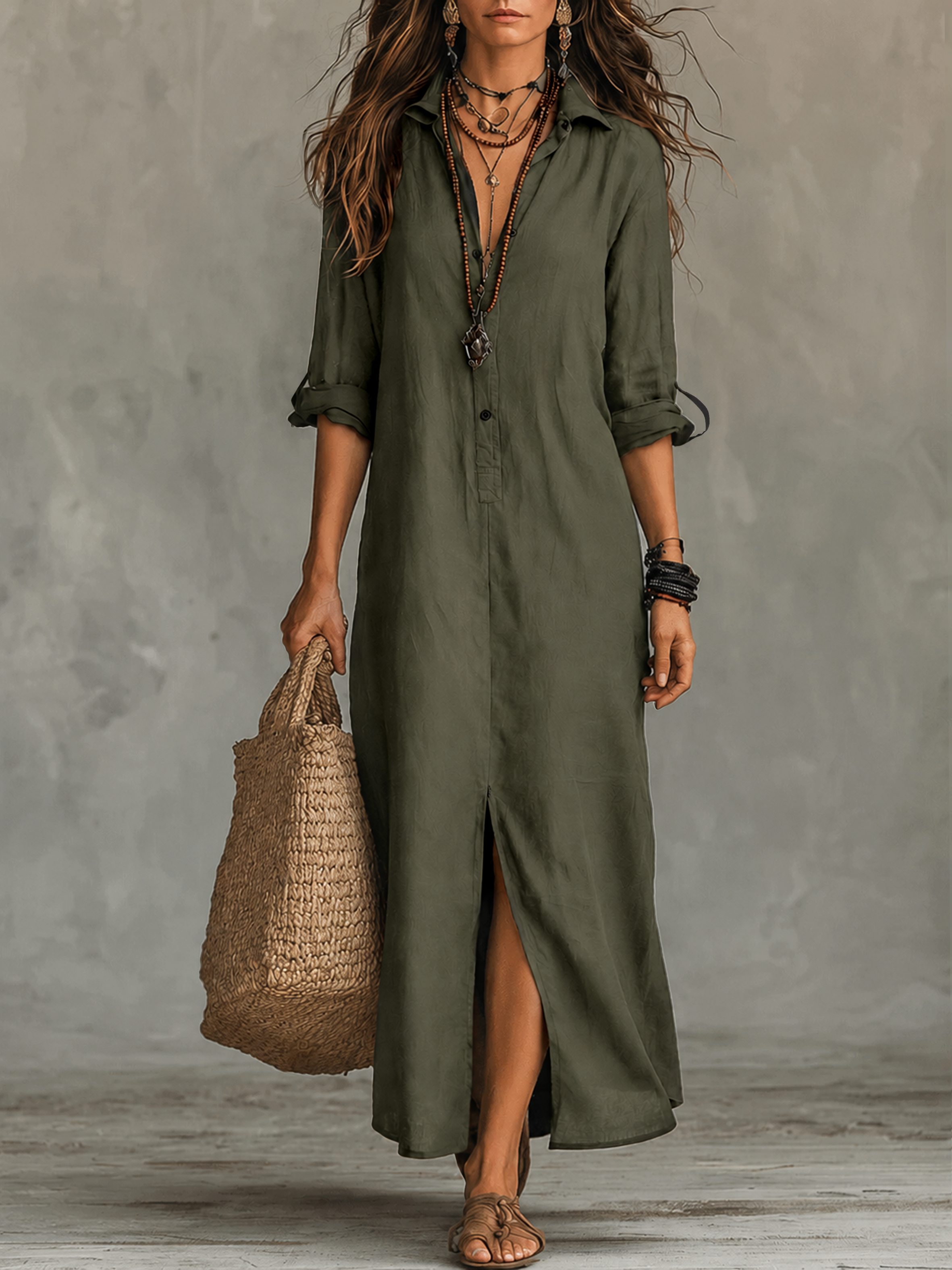 Sofia | Button-Front Bohemian Shirt Maxi Dress