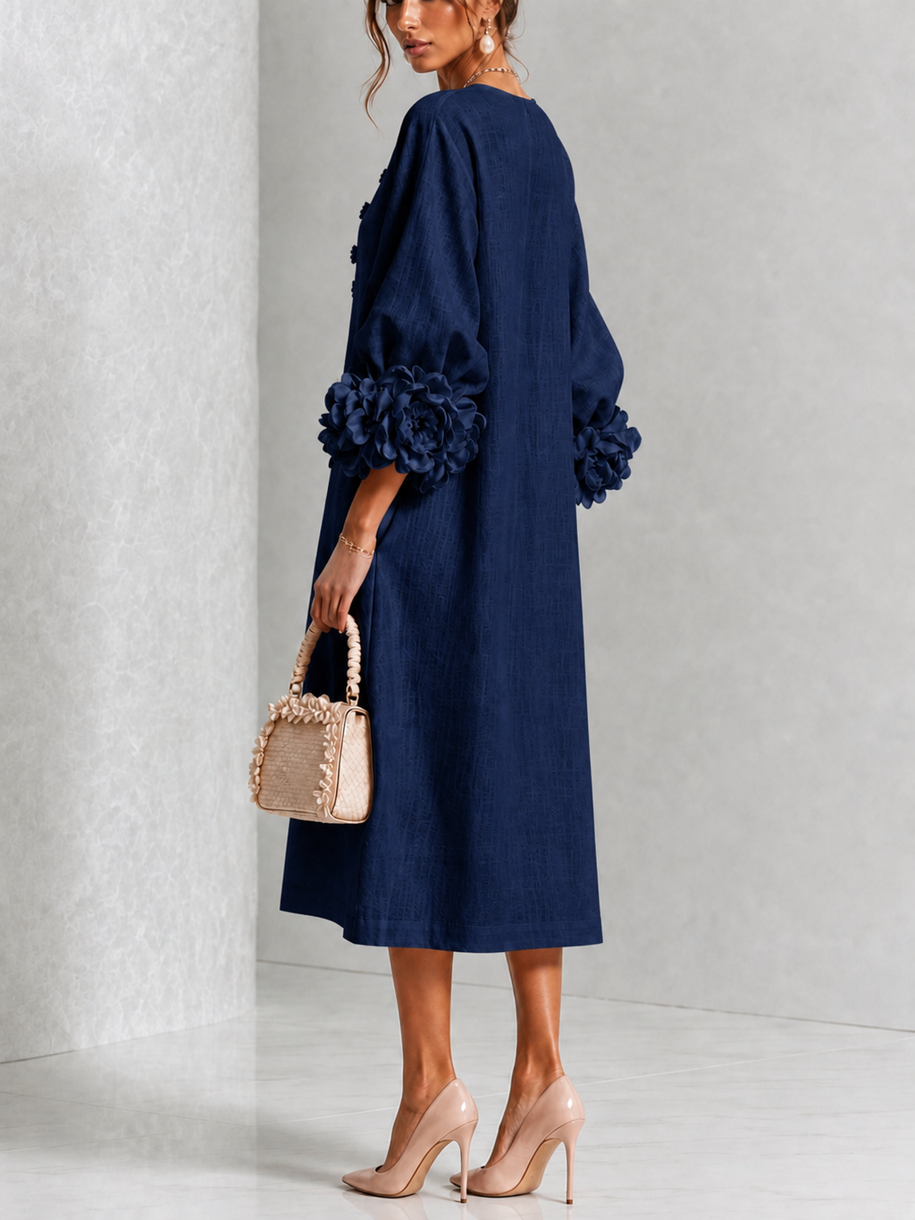 Liliana Elegant Floral Midi Dress in dark navy, back detail