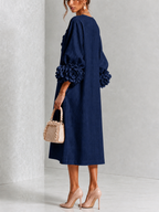 Liliana Elegant Floral Midi Dress in dark navy, back detail
