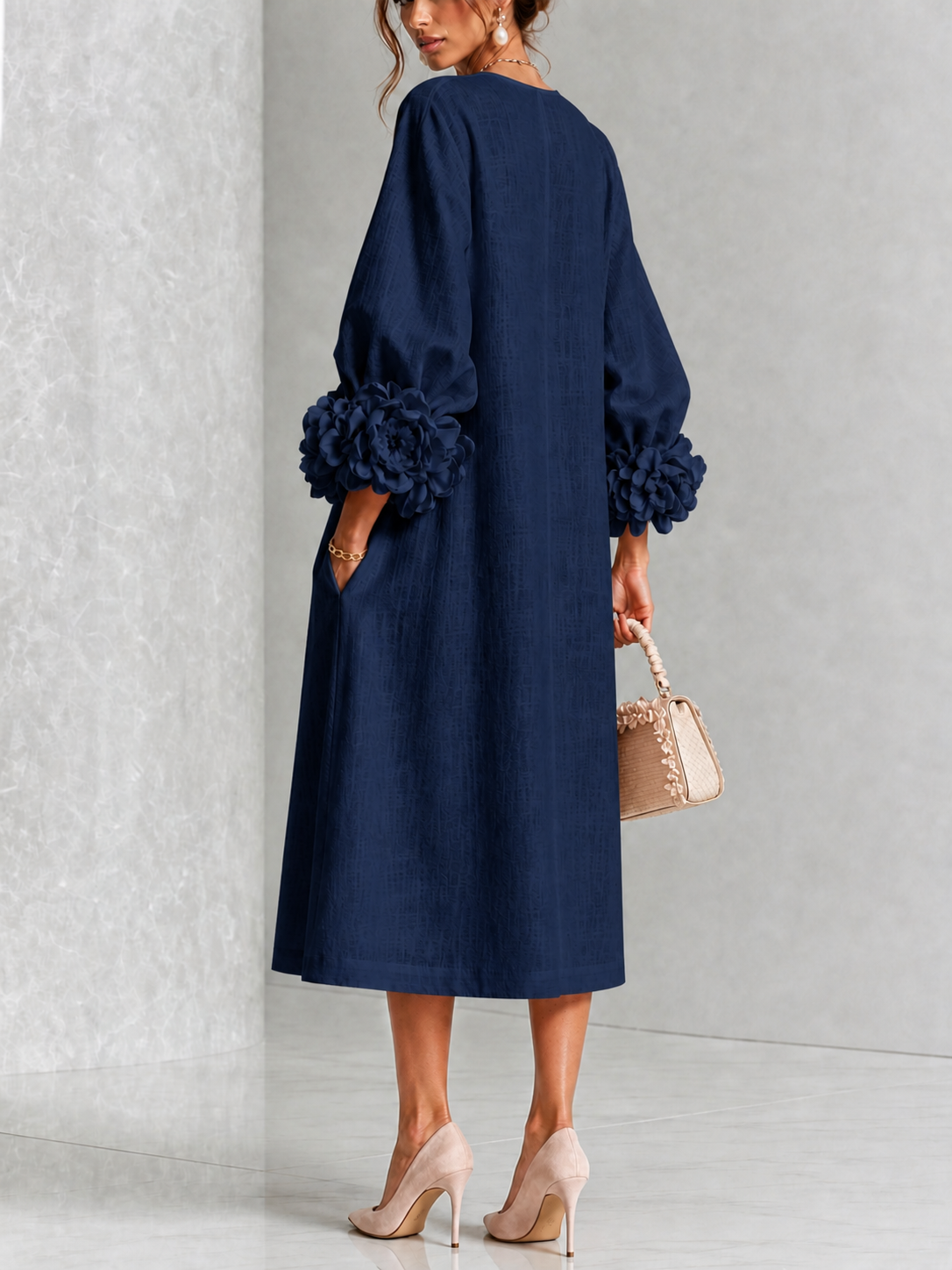 Liliana Elegant Floral Midi Dress in dark navy, back view