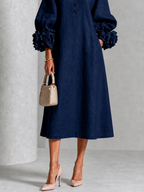 Liliana Elegant Floral Midi Dress in dark navy, front detail