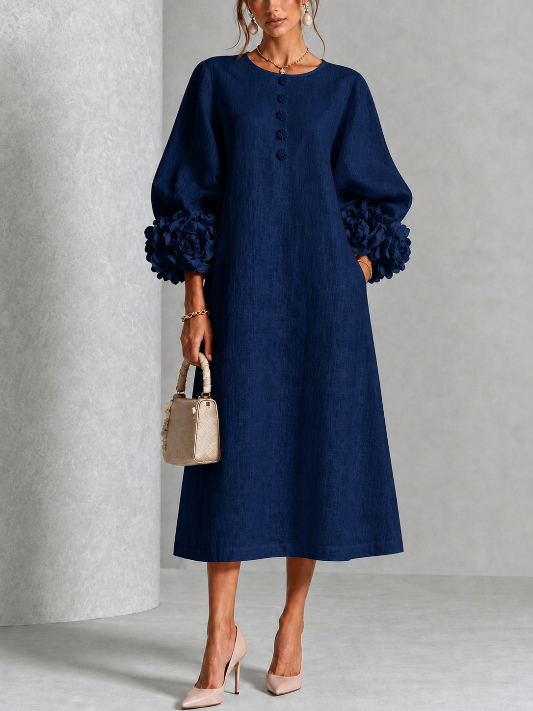 Liliana Elegant Floral Midi Dress in dark navy, front view