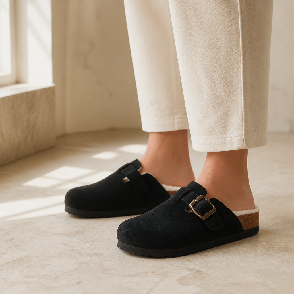 Lya Suede Clogs in Black - styled on model