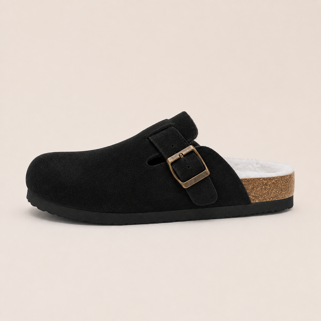 Lya Suede Clogs in Black - side profile