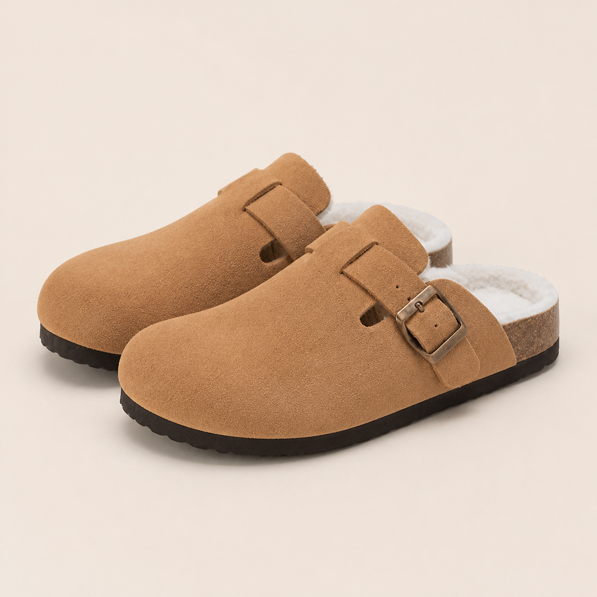 Lya Suede Clogs in Camel - three-quarter view