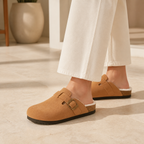 Lya Suede Clogs in Camel - styled on model
