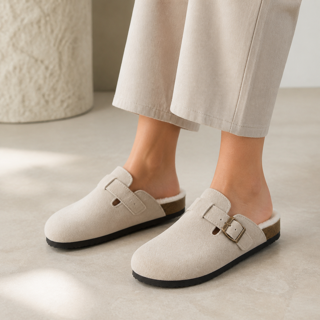 Lya Suede Clogs in Cream - styled on model